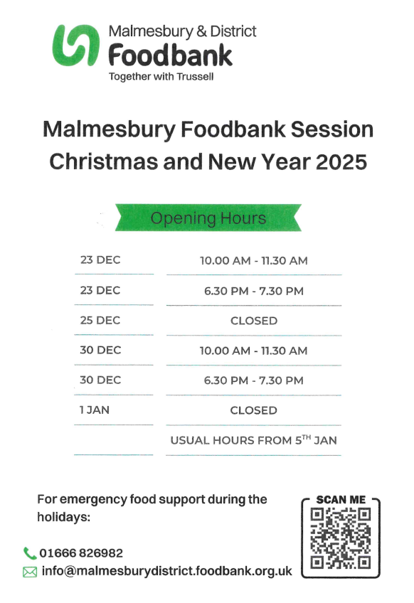 Malmesbury & District Foodbank Christmas & New Year Opening